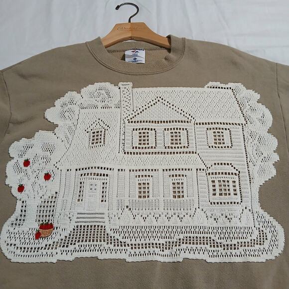 Jerzees Large Tan APPLE THEMED Sweatshirt Lace House Appliqué HANDMADE cot/poly - Picture 4 of 11